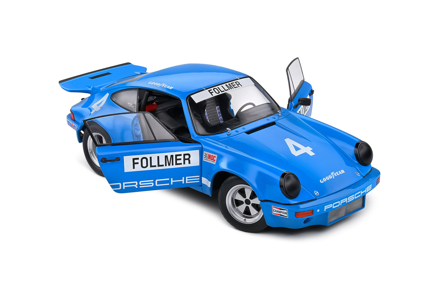 Solido 1974 Porsche 911 IROC Riverside No 4 Follmer IROC Blue 1:18