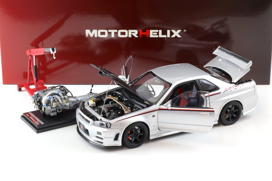 Motorhelix 1999 Nissan Skyline GT-R R34 (BNR34) Nismo CRS RHD Silver w/ Carbon Hood 1:18