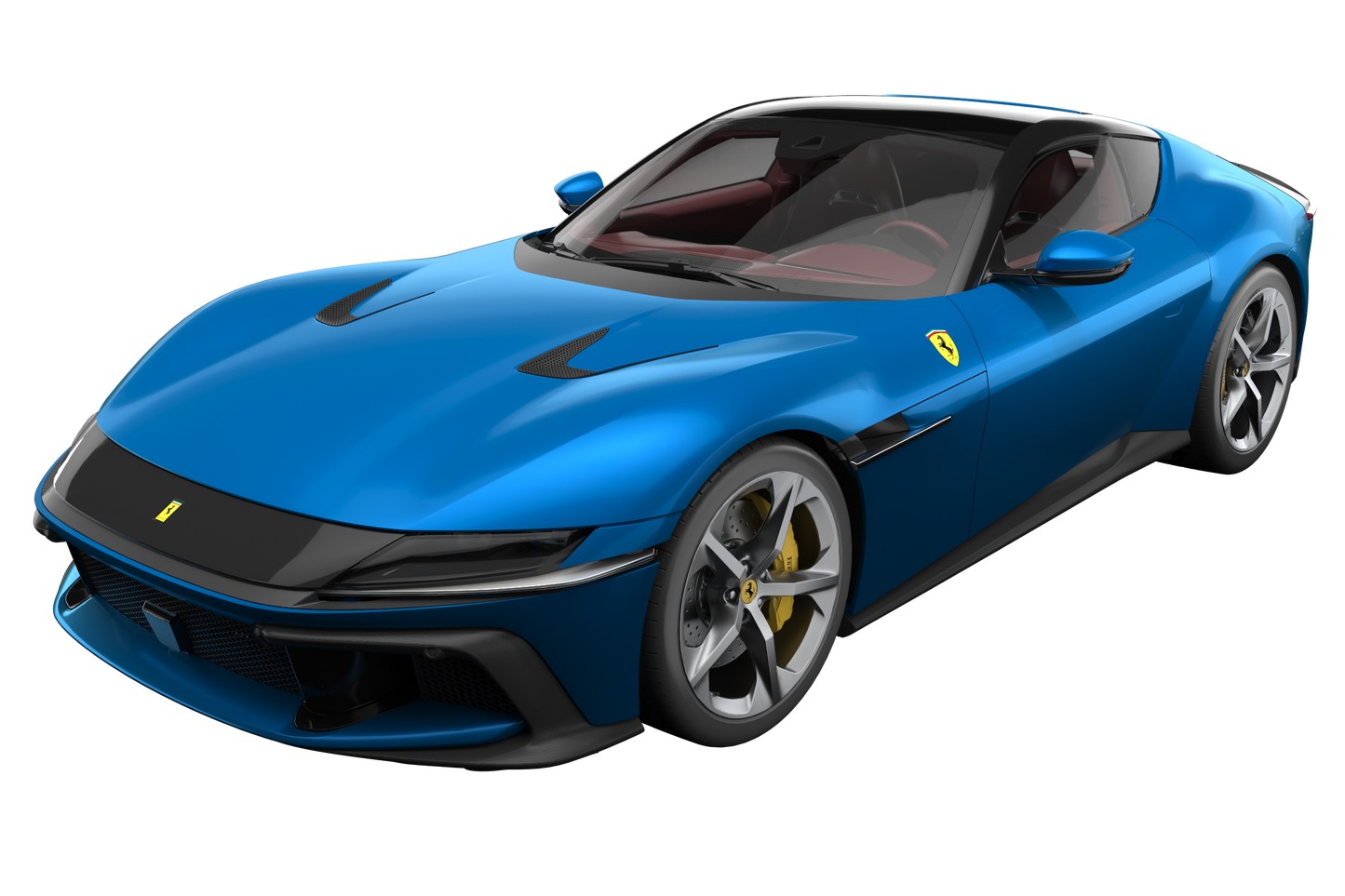 A bright blue Ferrari sports car with black trim and yellow accents, shown from a three-quarter front angle on a plain white background.