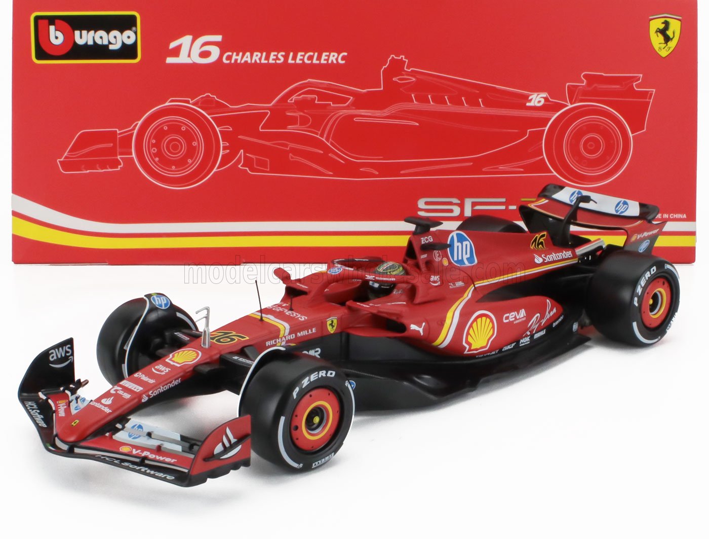 Bburago Ferrari F1 SF-24 Team Scuderia No 16 Winner Italy Monza GP (LeClerc) 2024 Red 1:18 WITH DISPLAY
