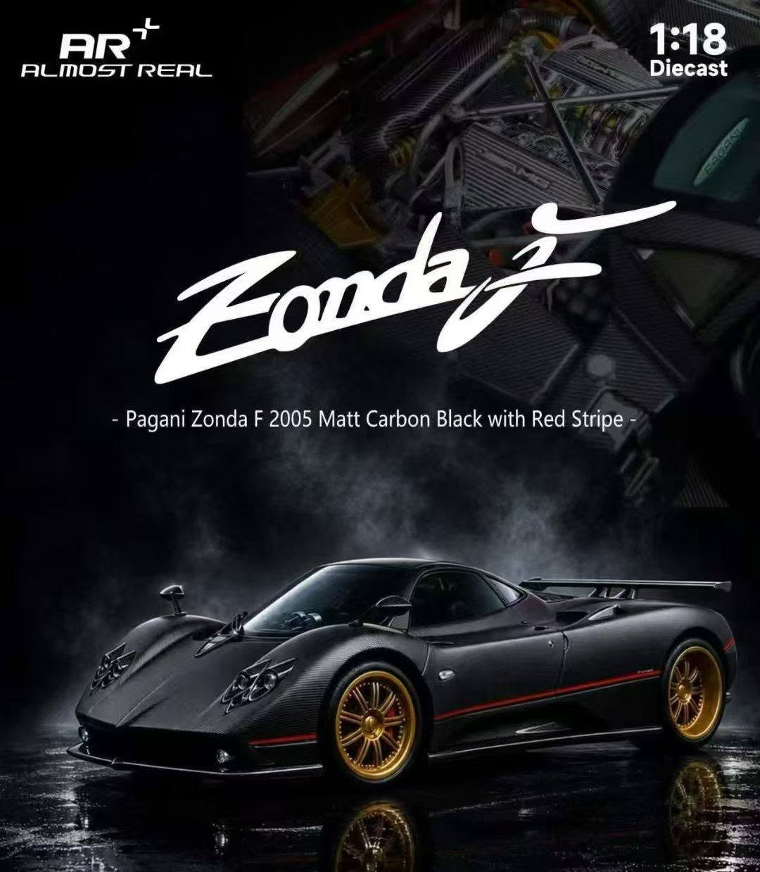 Almost-Real 2005 Pagani Zonda F Matte Carbon Black w/ Red Stripe 1:18
