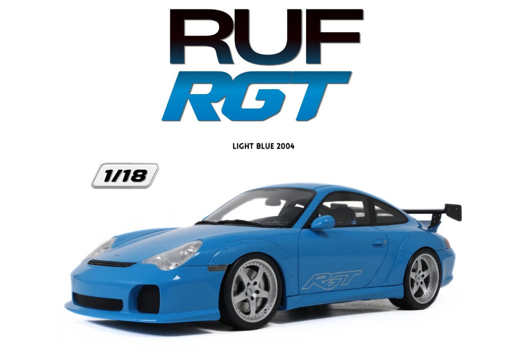 A 1:18 scale model car kit cover for the GT Spirit RUF RGT, featuring a light blue 2004 Porsche 911 GT design. The cover displays the GT Spirit logo at the top, the model name 'RUF RGT' in large black and blue letters, and a photo of the blue model car with 'RUF RGT' decals on the side.