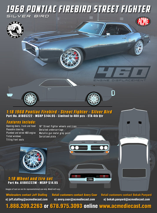 Acme 1968 Pontiac Firebird Street Fighter Silver Bird Gun Metal Grey 1:18