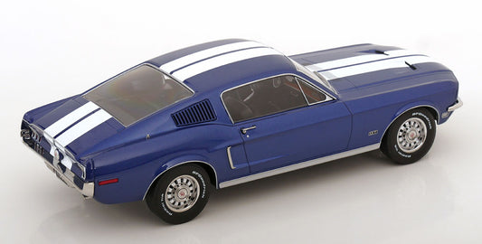 KK Scale 1968 Ford Mustang GT Fastback Blue w/ White Stripes 1:18