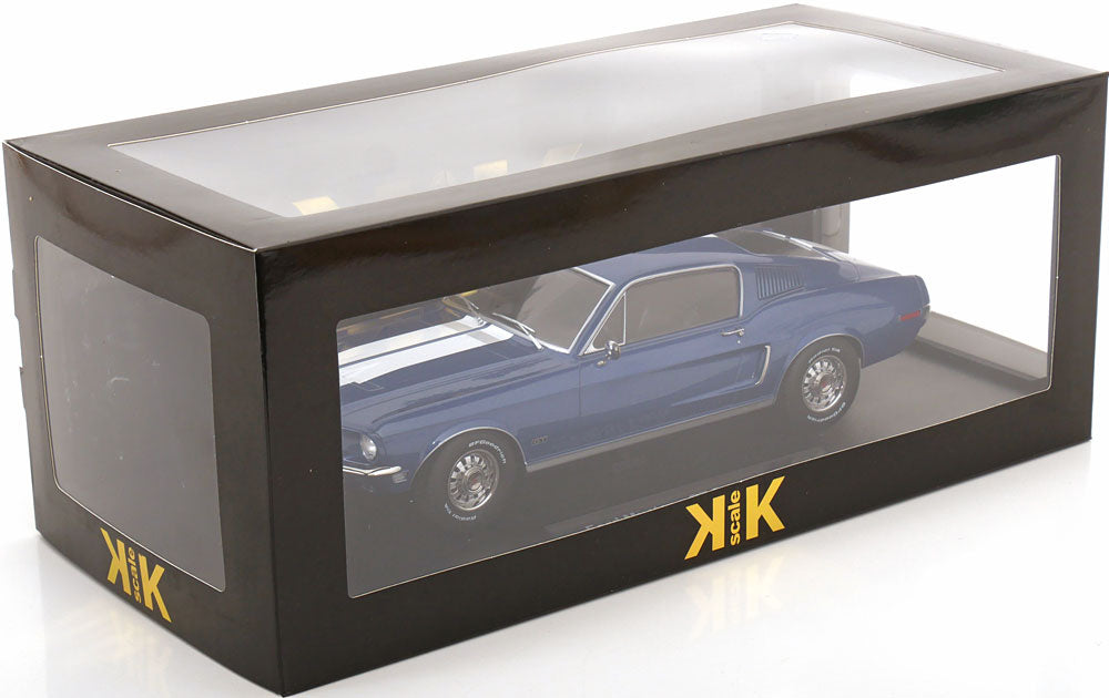 KK Scale 1968 Ford Mustang GT Fastback Blue w/ White Stripes 1:18