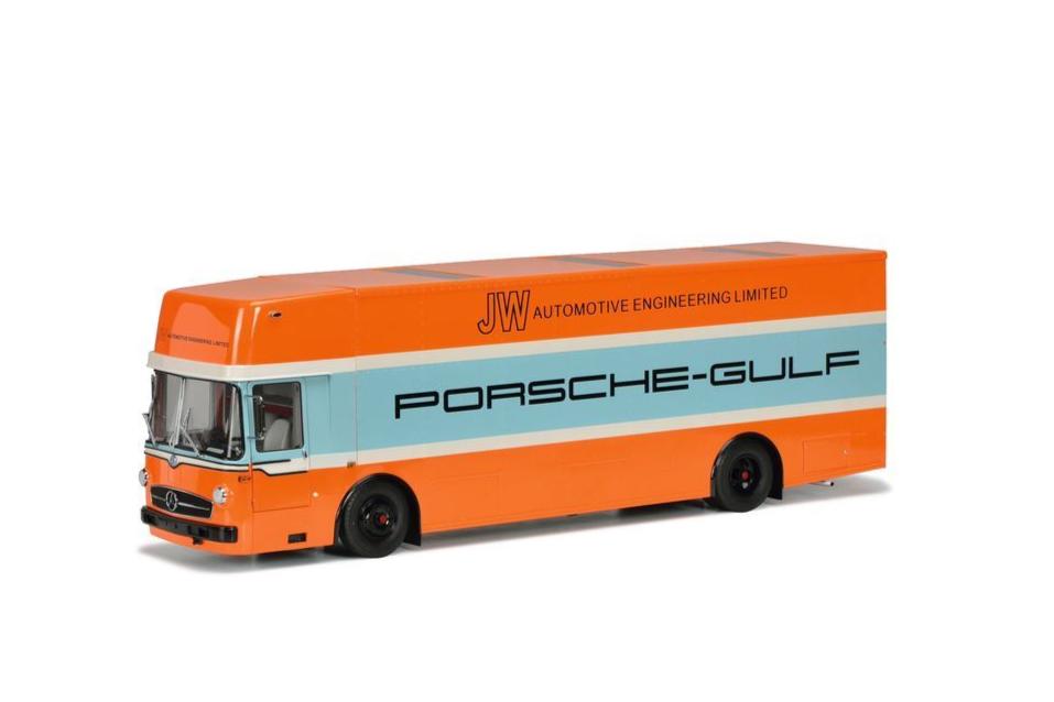 Schuco Mercedes O317 Porsche Gulf Livery Race Car Transporter Orange and Blue 1:18