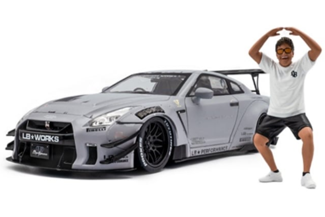 Solido Nissan GT-R (R35) W/ Liberty Walk Body Kit 2.0 Grey w/ Kato San Figure 1:18