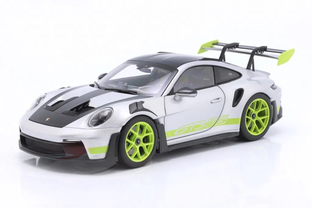 Minichamps 2022 Porsche 911 992 GT3 RS GT Silver w/ Weissach Package, Acid Green Wheels 1:18