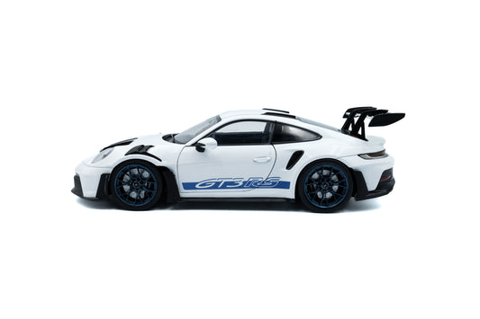 Solido 2024 Porsche 911 992 GT3 RS White w/ Indigo Blue Wheels and Deco 1:18