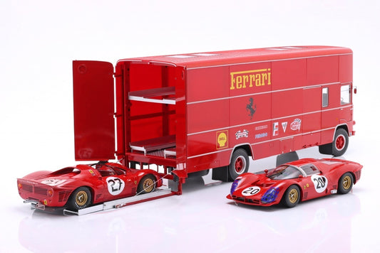 CMR Fiat OM 150 Rolfo Ferrari Race Car Transporter Red PLUS 2x Ferrari 330 P3 Bundle 1:18