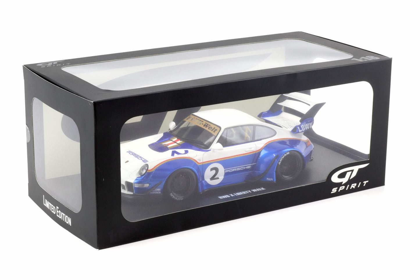 GT Spirit 2023 Porsche 911 993 RWB X No 2 Liberty Walk White and Blue 1:18