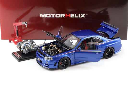 Motorhelix 2002 Nissan Skyline GT-R R34 (BNR34) Nismo CRS RHD Bayside Blue w/ Carbon Hood 1:18