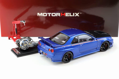 Motorhelix 2002 Nissan Skyline GT-R R34 (BNR34) Nismo CRS RHD Bayside Blue w/ Carbon Hood 1:18