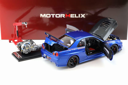 Motorhelix 2002 Nissan Skyline GT-R R34 (BNR34) Nismo CRS RHD Bayside Blue w/ Carbon Hood 1:18