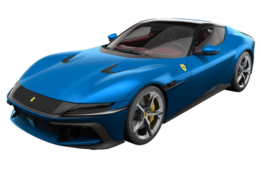 A bright blue Ferrari sports car with black trim and yellow accents, shown from a three-quarter front angle on a plain white background.