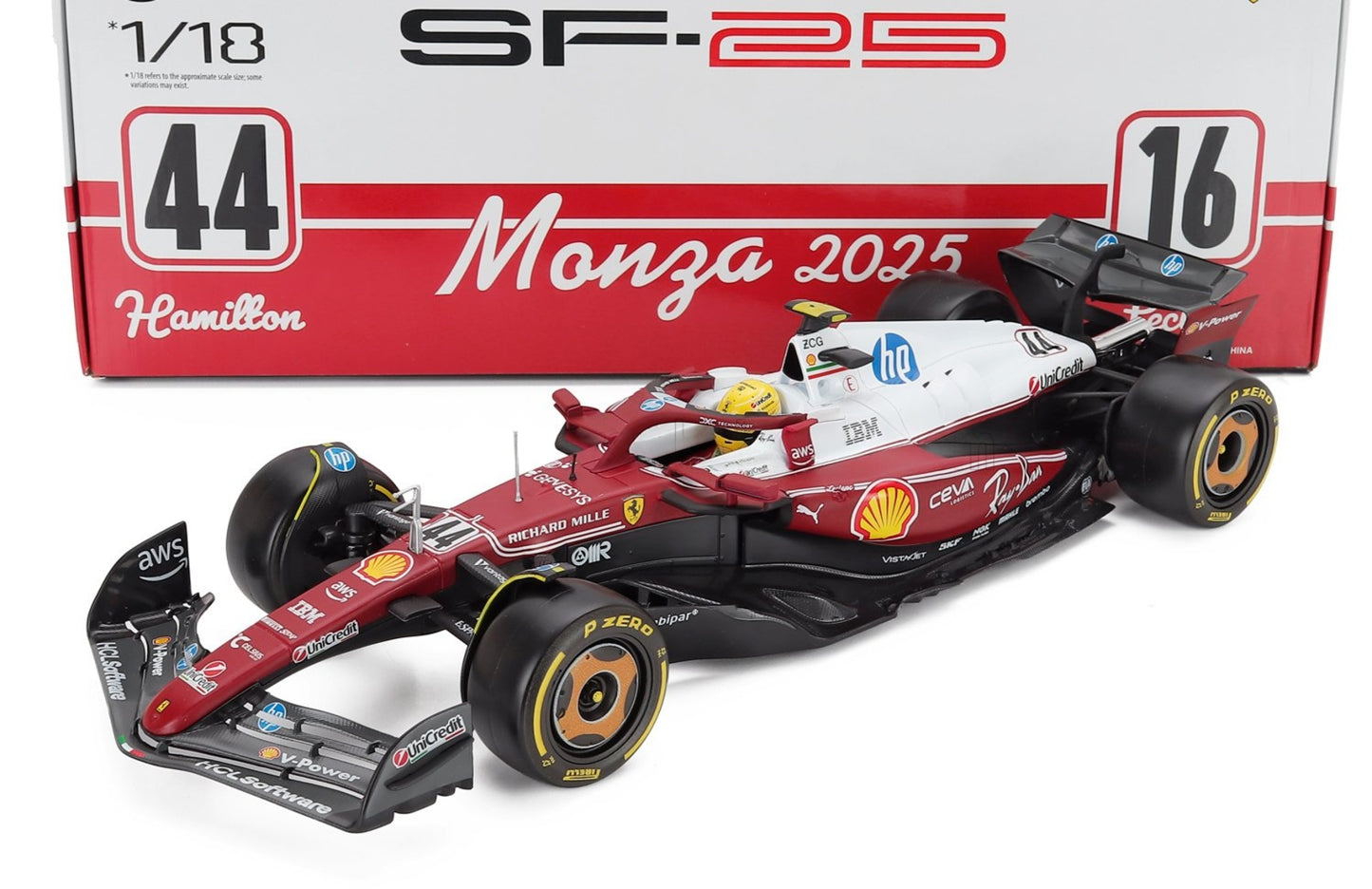 Bburago Ferrari F1 SF-25 Team Scuderia Ferrari HP #44 Monza Italy GP 2025 (Hamilton) Red 1:18