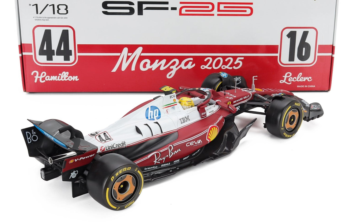 Bburago Ferrari F1 SF-25 Team Scuderia Ferrari HP #44 Monza Italy GP 2025 (Hamilton) Red 1:18