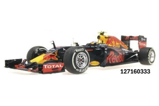 A 1:12 scale die-cast model of a Red Bull Racing F1 car on a white background, detailing max verstappen's first ever GP win