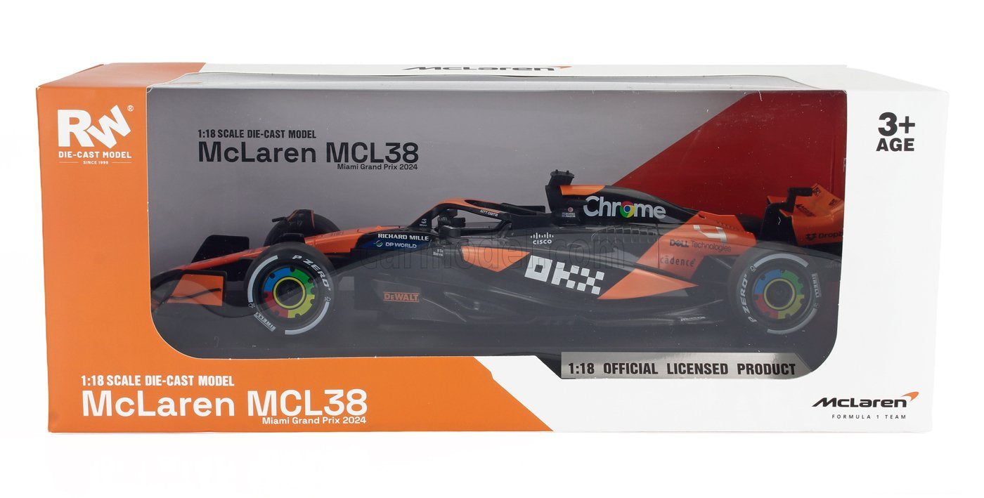 Boxed McLaren MCL38 model car with orange and gray design