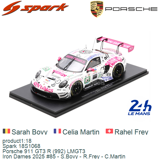 Spark-Model Porsche 911 992 GT3 R #85 Team Iron Dames 24hr Le Mans White Pink 1:18 WITH DISPLAY