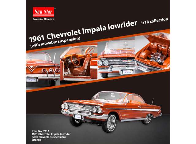Sun-Star 1961 Chevy Impala Open Hard Top Lowrider w Movable Suspension Orange 1:18