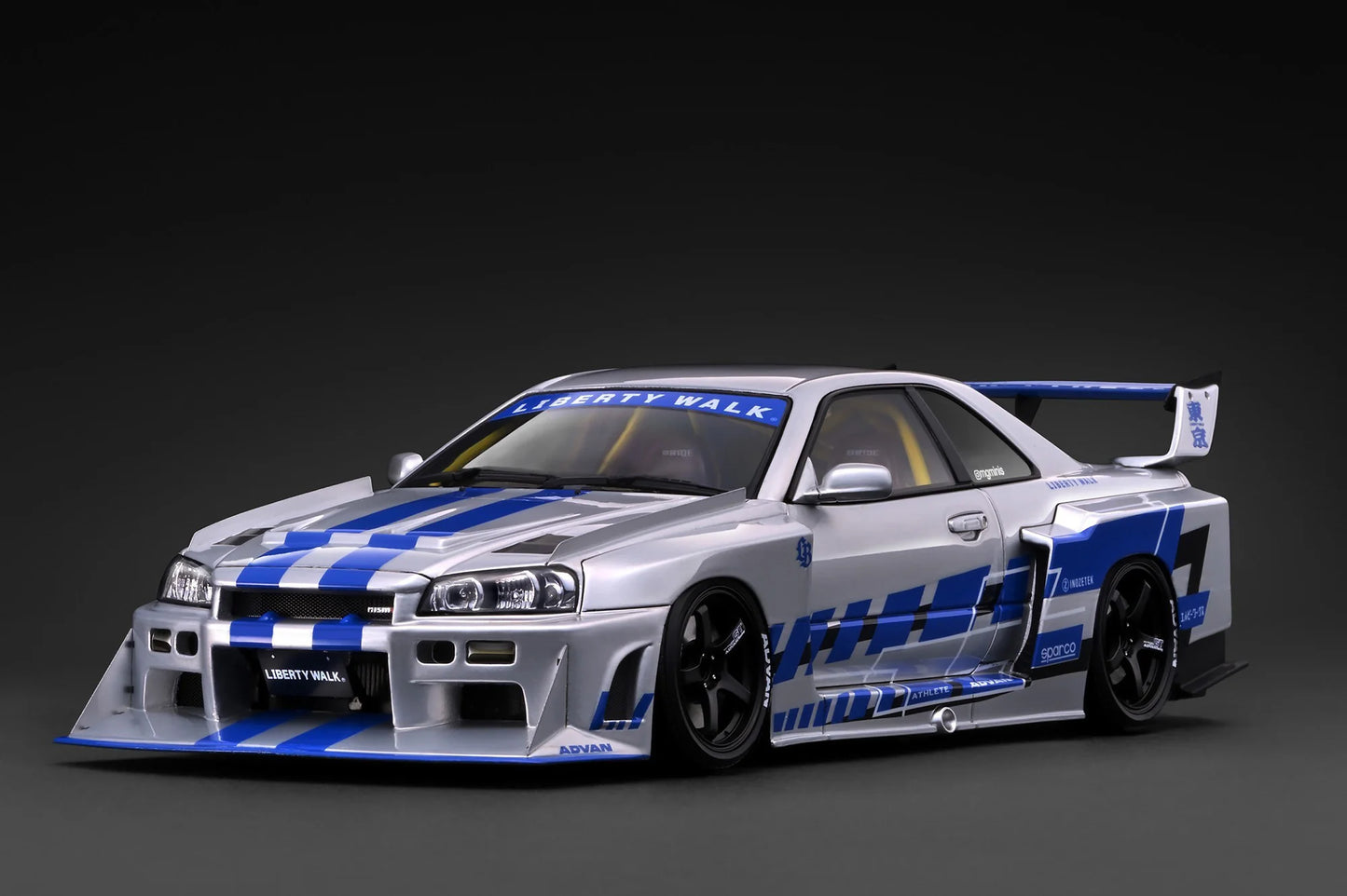 Ignition-Model Nissan Skyline GT-R R34 (LB-ER34) LBWK Super Silhouette Silver & Blue 1:18