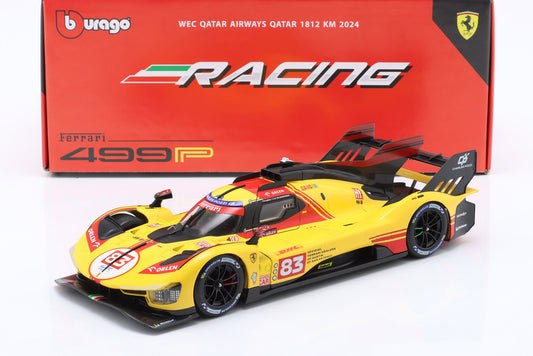 Bburago Ferrari 499P 3.0L Turbo V6 No 83 Team Ferrari AF Corse 4th WEC Qatar 2024 - Yellow 1:18
