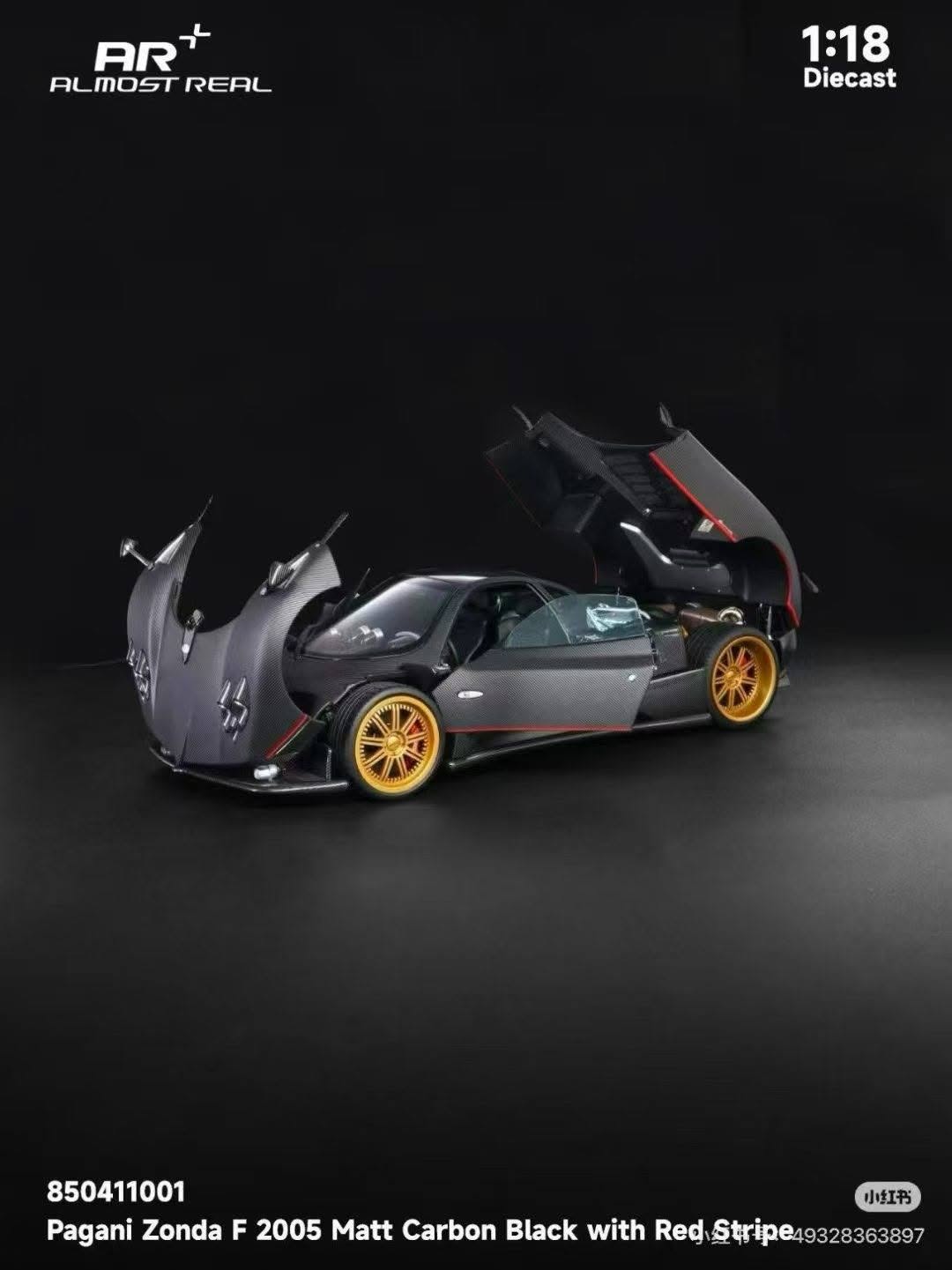 Almost-Real 2005 Pagani Zonda F Matte Carbon Black w/ Red Stripe 1:18