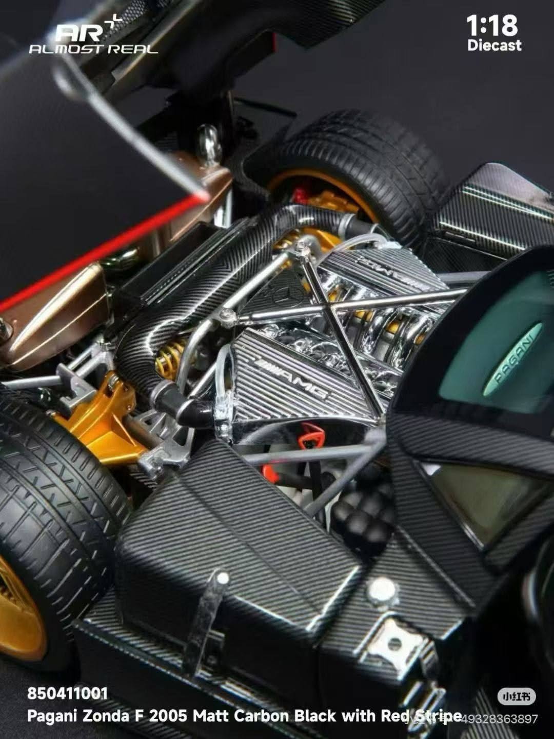 Almost-Real 2005 Pagani Zonda F Matte Carbon Black w/ Red Stripe 1:18