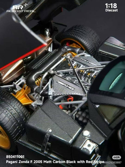 Almost-Real 2005 Pagani Zonda F Matte Carbon Black w/ Red Stripe 1:18