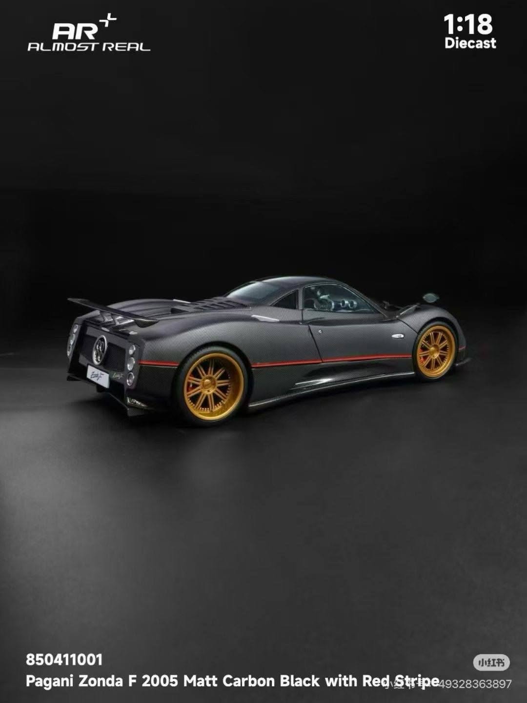 Almost-Real 2005 Pagani Zonda F Matte Carbon Black w/ Red Stripe 1:18