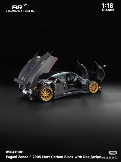 Almost-Real 2005 Pagani Zonda F Matte Carbon Black w/ Red Stripe 1:18