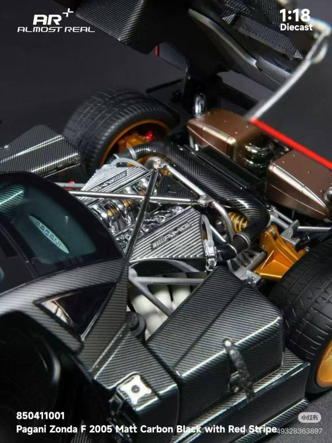 Almost-Real 2005 Pagani Zonda F Matte Carbon Black w/ Red Stripe 1:18