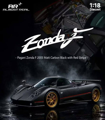 Almost-Real 2005 Pagani Zonda F Matte Carbon Black w/ Red Stripe 1:18