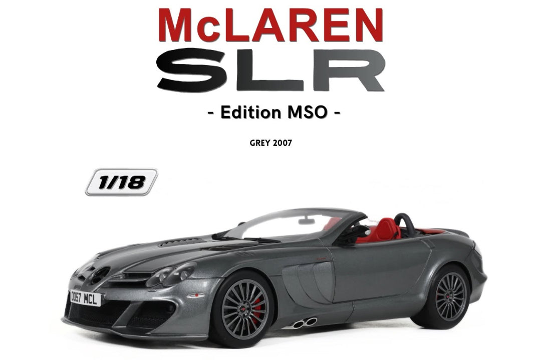 Promotional graphic for a 1:18 scale model car, featuring a grey McLaren SLR convertible model with red interior. The top of the graphic displays the 'GT Spirit' logo, with 'McLAREN SLR - Edition MSO -' written in red and black text, and 'GREY 2007' below it.