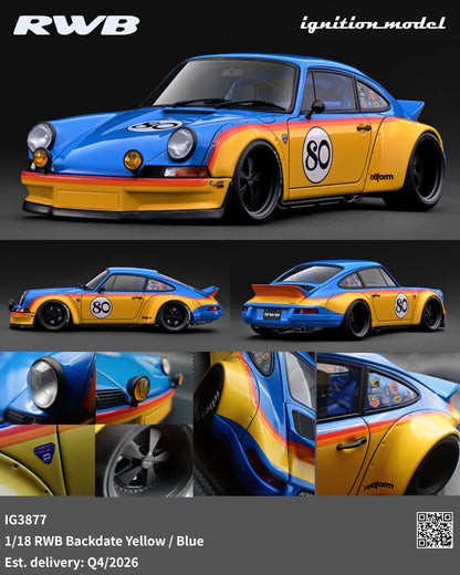 Ignition-Model Porsche 911 F Series Backdate #80 RWB Coupe Yellow & Blue 1:18