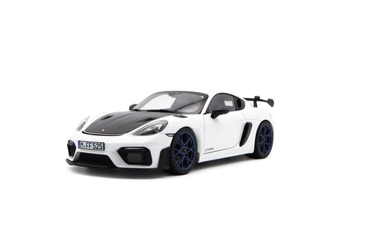Norev 2023 Porsche 718 Cayman GT4 RS w/ Weissach Package White w/ Blue Wheels 1:18