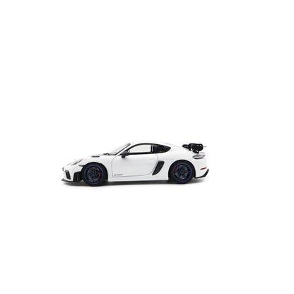 Norev 2023 Porsche 718 Cayman GT4 RS w/ Weissach Package White w/ Blue Wheels 1:18