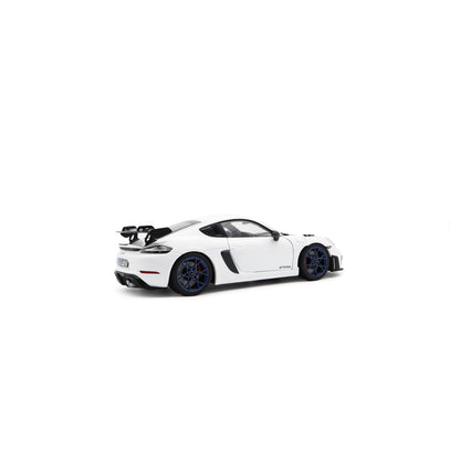 Norev 2023 Porsche 718 Cayman GT4 RS w/ Weissach Package White w/ Blue Wheels 1:18
