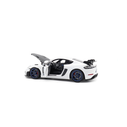 Norev 2023 Porsche 718 Cayman GT4 RS w/ Weissach Package White w/ Blue Wheels 1:18