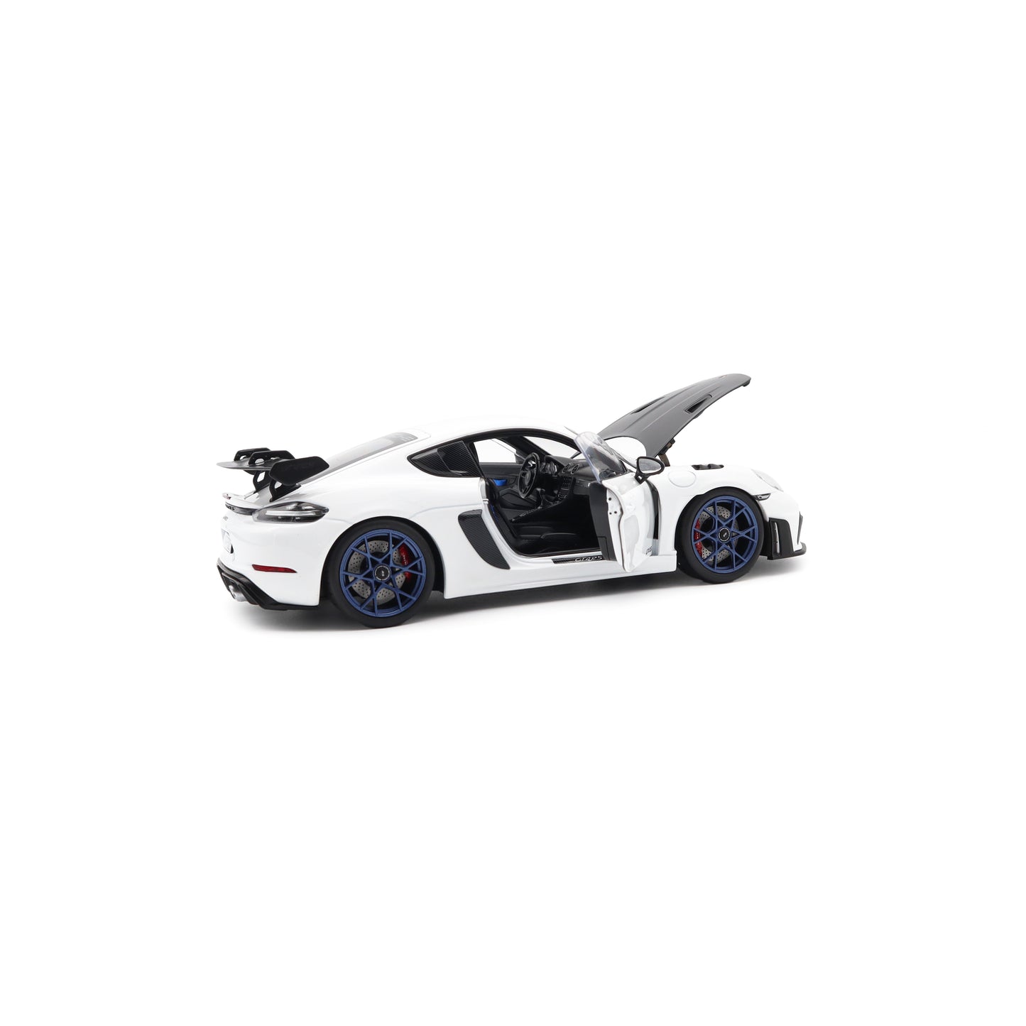 Norev 2023 Porsche 718 Cayman GT4 RS w/ Weissach Package White w/ Blue Wheels 1:18