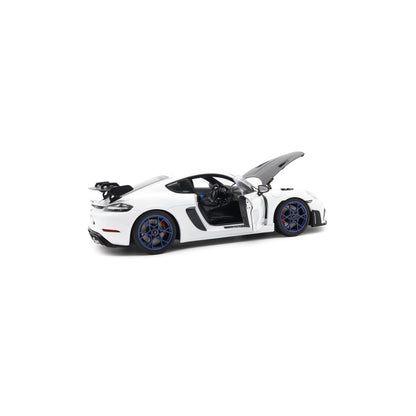 Norev 2023 Porsche 718 Cayman GT4 RS w/ Weissach Package White w/ Blue Wheels 1:18