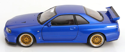 KK Scale 2001 Nissan Skyline GT-R R34 V-Spec II w/ Gold BBS Bayside Blue 1:12
