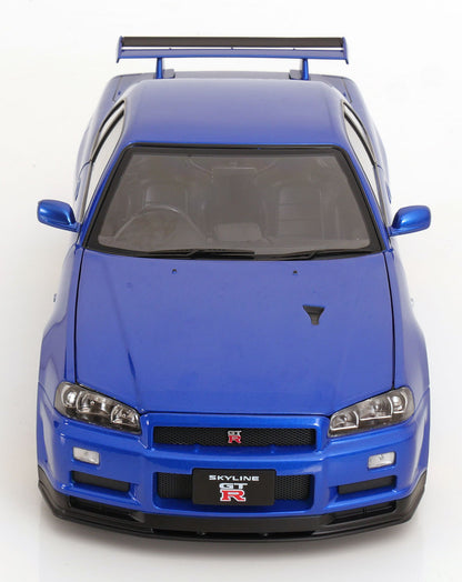 KK Scale 2001 Nissan Skyline GT-R R34 V-Spec II w/ Gold BBS Bayside Blue 1:12