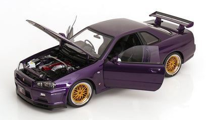 KK Scale 2001 Nissan Skyline GT-R R34 V-Spec II w/ Gold BBS Midnight Purple 1:12