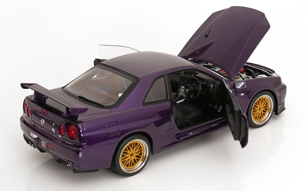 KK Scale 2001 Nissan Skyline GT-R R34 V-Spec II w/ Gold BBS Midnight Purple 1:12
