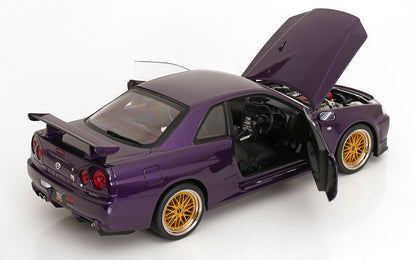 KK Scale 2001 Nissan Skyline GT-R R34 V-Spec II w/ Gold BBS Midnight Purple 1:12