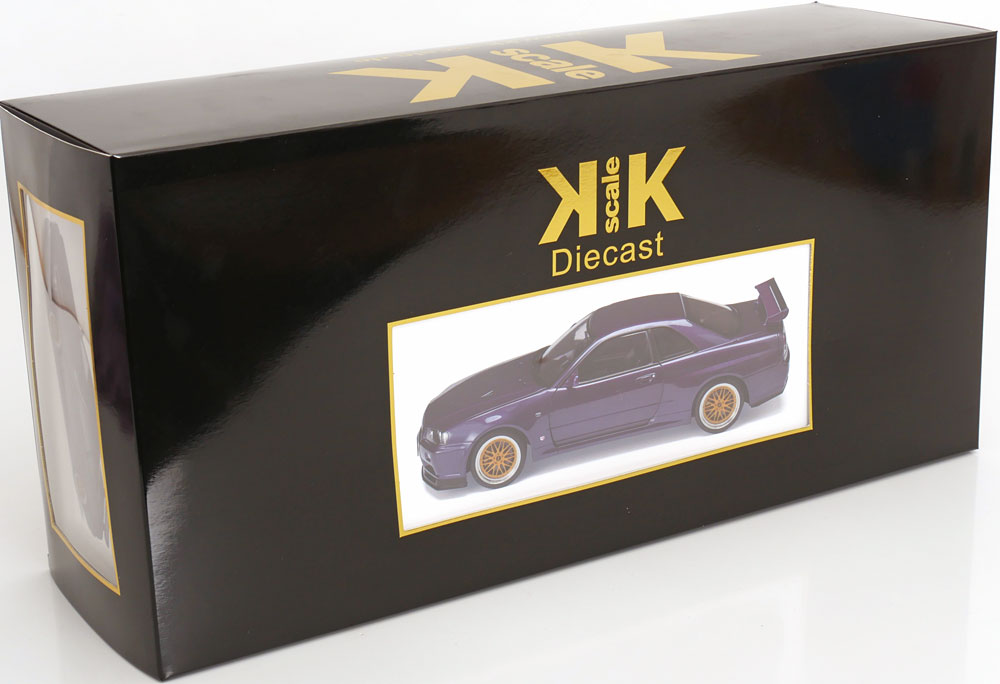 KK Scale 2001 Nissan Skyline GT-R R34 V-Spec II w/ Gold BBS Midnight Purple 1:12