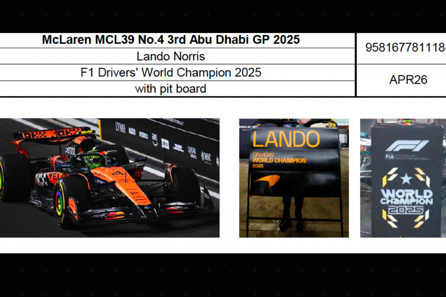 Spark-Model Mclaren F1 Team MCL39 Orange L. Norris 3rd Abu Dhabi GP 2025 1:18 WITH DISPLAY