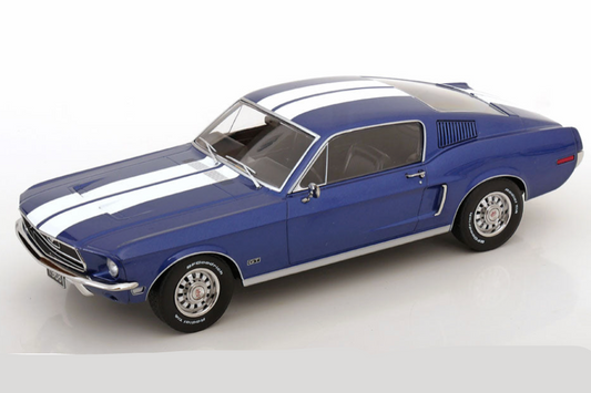 KK Scale 1968 Ford Mustang GT Fastback Blue w/ White Stripes 1:18